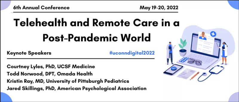 Promo event flyer with speaker names/affiliations on left, telehealth image on right